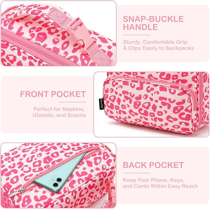 FlowFly Kids Lunch box with buckle Insulated Cooler Back to School Thermal Meal Tote Kit for Girls, Boys, Pink Cow