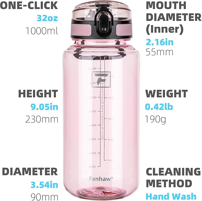 Fanhaw 32 Oz Clear Tritan Water Bottle, BPA-Free & Leak-Proof, Wide Mouth with Anti-dust Chug Lid, Reusable Plastic Bottle for Gym, Travel, School & Office (Cherry Blossom)