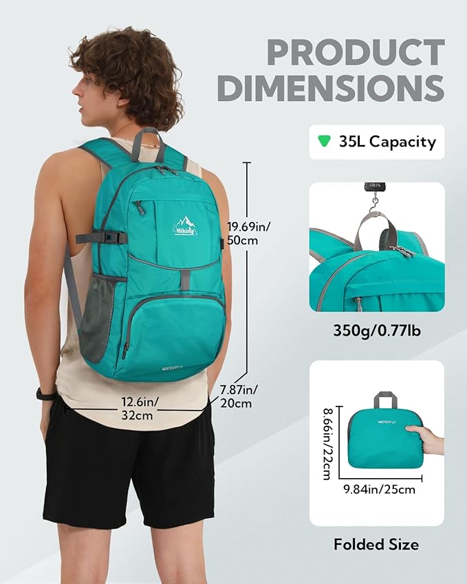WATERFLY Hiking Packable Daypack Backpack: 35L Ultra Lightweight Day Pack for Women Men - Large Foldable Back Pack for Outdoor Sport Cycling Camping Travel Trip - Turquoise