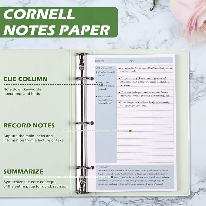 400 Sheet Half Letter Cornell Notes Loose Leaf Paper for 3 Ring Mini Binder 5.5" x 8.5" Lined Paper 9/32" Spacing Cornell Notebook Refills Taking System Filler Paper Bulk for School Office 80gsm