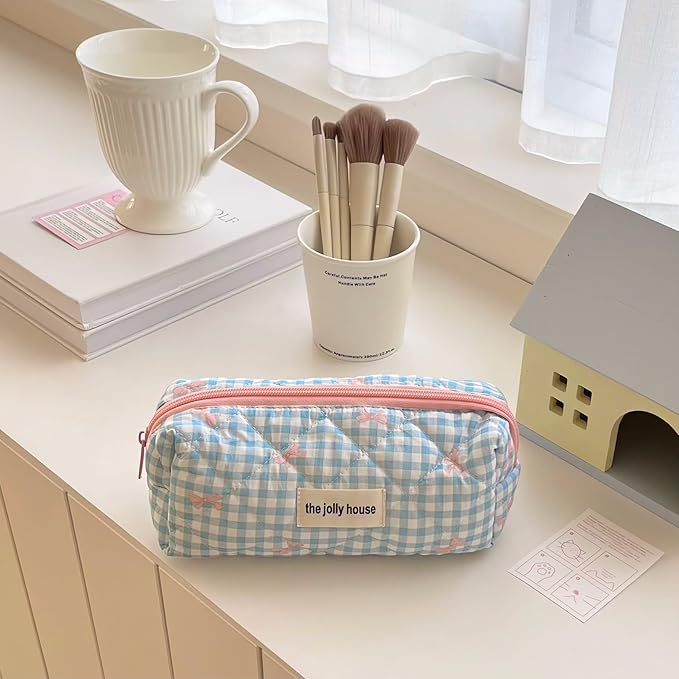 Carry bloom Pencil Pouch Cute Pencil Case for Girls Aesthetic Pencil Bag with Zipper Pen Cases School Supplies Makeup Bag (Checkered bow blue)