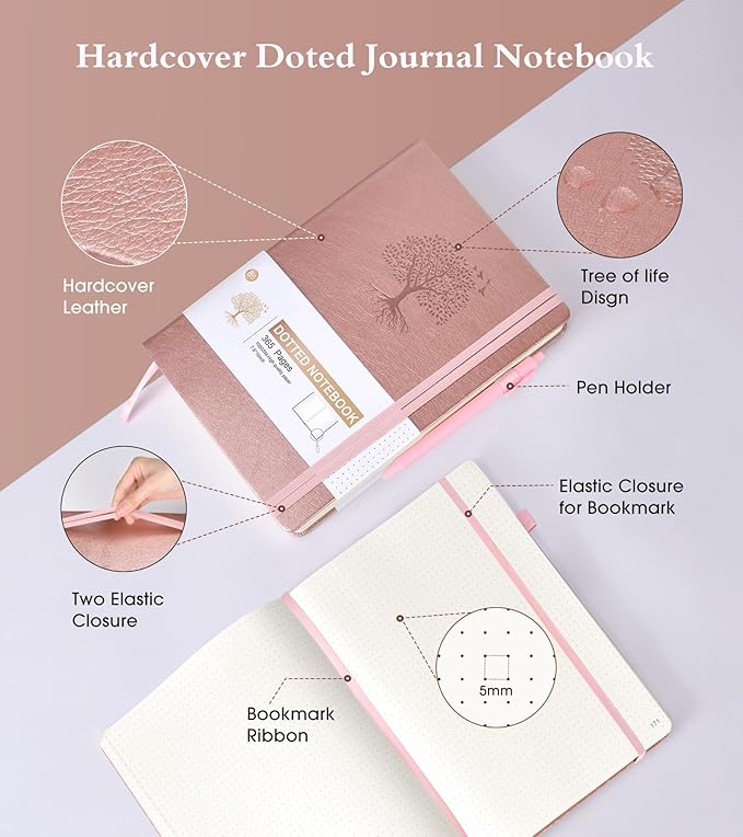 Ansopu Dotted Journal Notebook, 360 Numbered Pages Bullet Dot Grid Journals, 100gsm Dot Paper Thick Hardcover Leather Journal for Writing Women Men, B5 Big Dotted Grid Notebooks 7.6'' X 10'' Pink