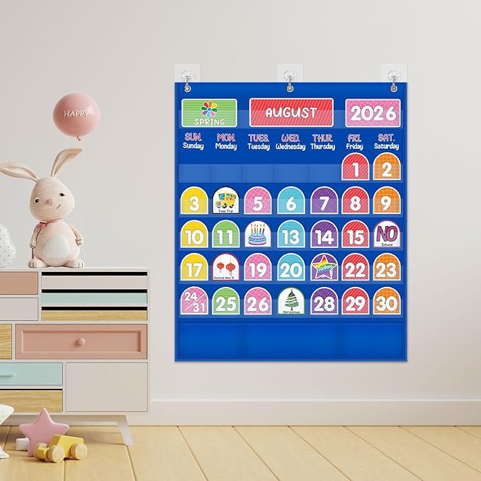 Mewise Monthly Calendar Pocket Chart with 92 Activity Cards for Kids,Simplified Calendar Pocket Chart for Kids Easy Learning,Classroom/Teacher Must Have Supplies/School Decor (Blue English)