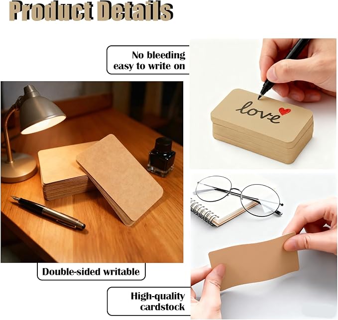 200 Pcs Blank Kraft Paper Round Corner Flash Card, Small Index Cards, DIY Hard Card Stock for Memo Notes, Word Learning, Word Message Gift Flash Paper, 3.5” X 2.1” (Kraft Paper)