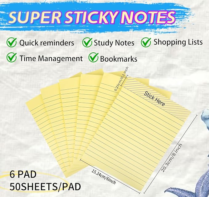 Large Sticky Notes 6x8in Yellow,300 Sheets, Clean Removable Note Pad
