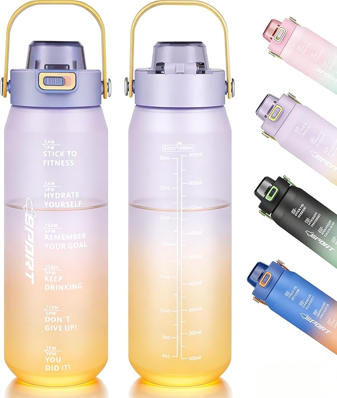 Gulex Motivational Water Bottle 32oz with Time Marker- Leakproof & BPA Free Sports Water Bottle with Straw & Carry Strap for Gym, Travel and Outdoor Sports (Purple/Yellow Gradient)