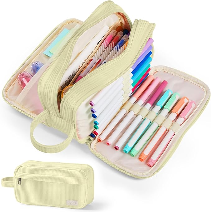 Sooez High Capacity Pencil Case, Soft Corduroy Pencil Pouch with 4 Compartments, Multiple Pockets, Large Bag with Sturdy Zipper, Cute Case Pouch Organizer for Student Teen Girls, Yellow