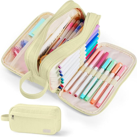 Sooez High Capacity Pencil Case, Soft Corduroy Pencil Pouch with 4 Compartments, Multiple Pockets, Large Bag with Sturdy Zipper, Cute Case Pouch Organizer for Student Teen Girls, Yellow