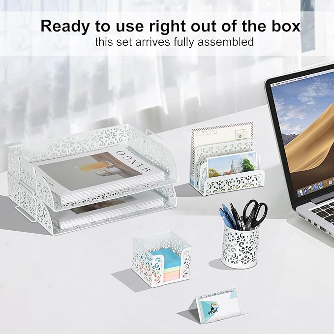 EasyPAG Desk Organizers and Accessories 5 Pieces Office Supplies Set - 2 Tier Paper Tray, Pencil Organizer for Desk, Mail Sorter Countertop, Business Card Holder and Sticky Note Holder, White