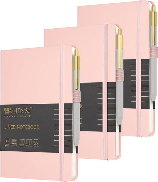 &And Per Se Lined Journal and Pen Set (3 Packs), A5 Leather Hardcover Notebook with Pen & Stationary Set, 160 Pages 100GSM Thick Ruled Paper Journal for Business Work Writing (Pink)