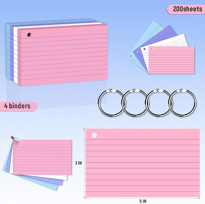 200 Count 3 x 5 Inch Colored Index Cards with Binder Rings, Lined & Blank Study Cards, Thick Cardstock Flash Cards for Students & Teachers, Color-Coded Notecards for School, Home, Work