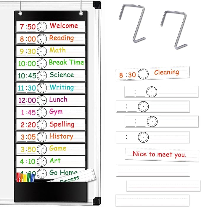 Daily Schedule Pocket Chart, 13+1 Pockets Visual Schedule for Kids, Daily Schedule for Kids, Pocket Chart for Classroom, School, Office or Home, Includes 18 Reusable Dry Eraser Cards and 2 Hooks (BLACK)
