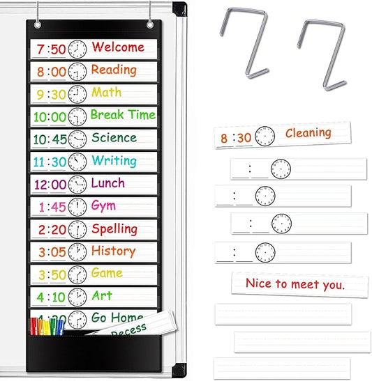 Daily Schedule Pocket Chart, 13+1 Pockets Visual Schedule for Kids, Daily Schedule for Kids, Pocket Chart for Classroom, School, Office or Home, Includes 18 Reusable Dry Eraser Cards and 2 Hooks (BLACK)