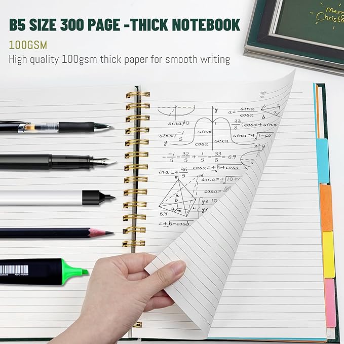 Hardcover Spiral Notebook with removable dividers 300 page,5 Subject Notebook 8"x10" B5 College Ruled Notebooks for School Note taking，Lined Journal for Women (Green)