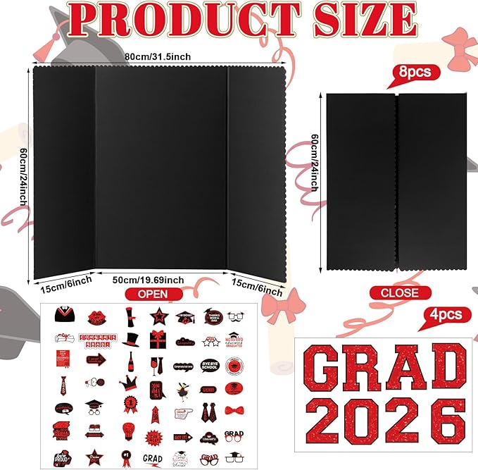 MiniInflat 4 Set 2026 Graduation Picture Trifold Poster Board Double-sided Foldable Photo Display Board Graduation Decoration for Class of 2026 High School College DIY Craft(Black Red,24 x 32 Inches)