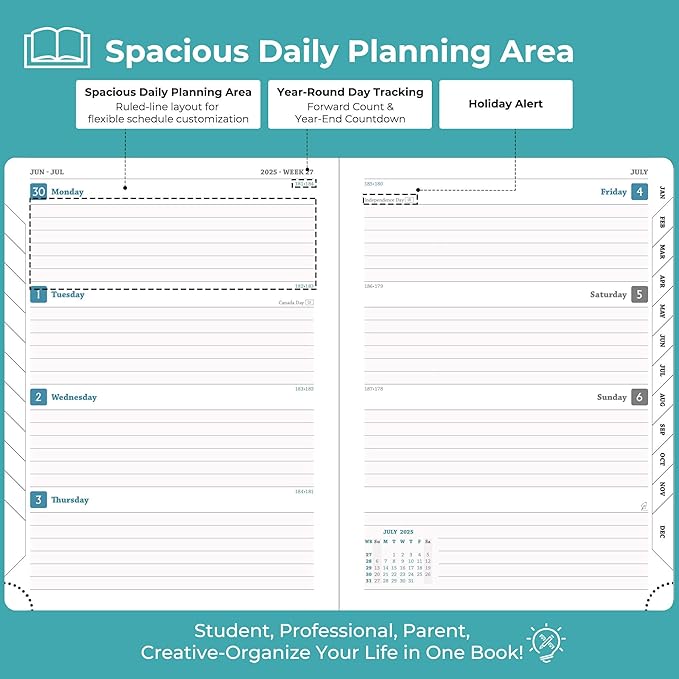 Planner 2025-2026 Daily Weekly and Monthly,11.5"x8.5",18 Months Spiral Bound Calendar Agenda with Self-adhesive Pen Holder,2026 Academic Plan with Vegan Leather Soft Cover,Light Blue