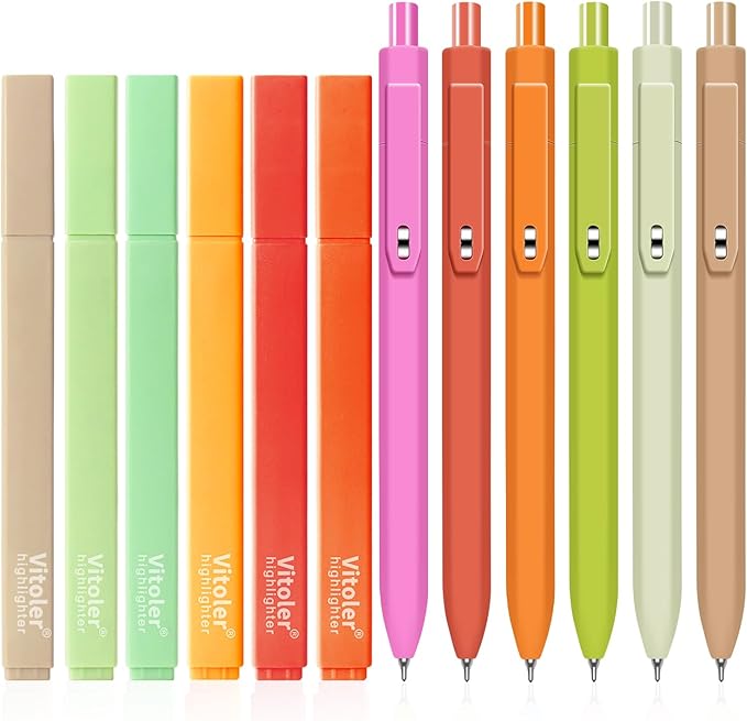 Vitoler Black Gel Pens and No Bleed Highlighters，12 Pack，Fast Drying | Smooth Writing Pens for Teacher Nurse Bible Journaling Planner Supplies