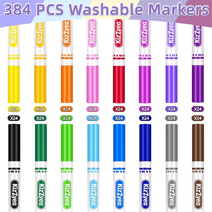 KIZZYEA Washable Markers Bulk for Kids, 384 Count, 16 Assorted Colors, Broad Line Coloring Markers for School, Classroom Supplies for Teachers, Student Art Group Activities, Back to School Crafts