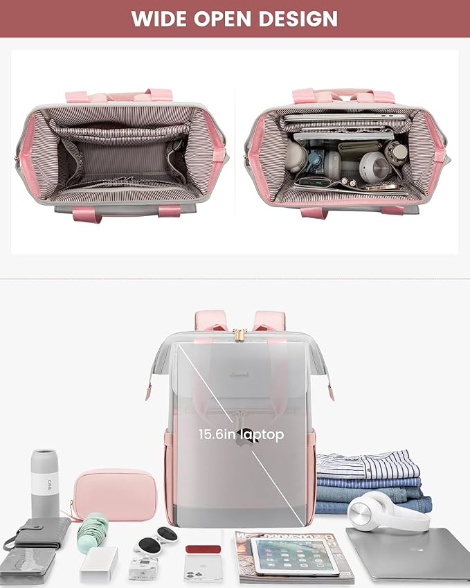 LOVEVOOK Laptop Backpack for Women, 15.6 Inch Work Laptop Bag with USB Port, Fashion Teacher Nurse Backpack Purse, Waterproof Travel Computer Backpack with Organizer Bag, 2PCS, Grey-Pink