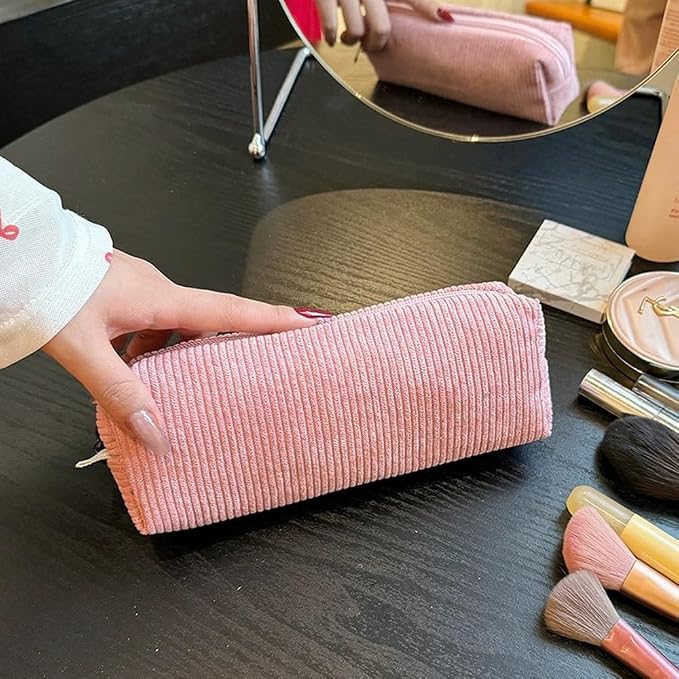 Corduroy Pencil Case for Girls Kids Large Capacity Aesthetic Pen Pouch Makeup Bag Cosmetic Organizer Cute Stationery Storage Bag for School Office Travel Minimalist Pencil Box (Pink)