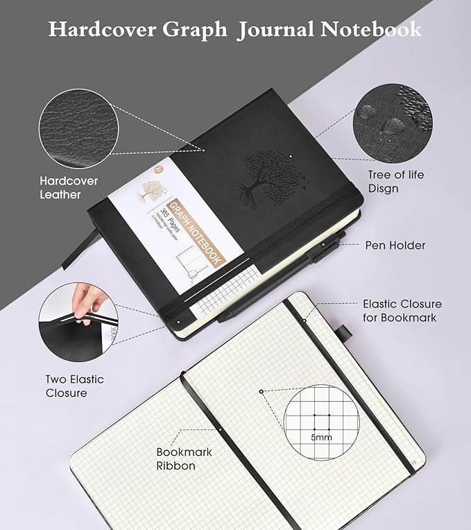 Ansopu Graph Paper Notebook Journal,360 Numbered Pages Grid Notebooks,Thick 100gsm Graphing Paper Notebook Journal for Writing Women Men, A5 Large Hardcover Leather Graph Notebook 5.75''× 8.38''Black