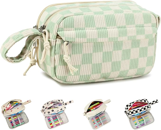 Bluboon Big Capacity Pencil Case Pencil Pouch Pen Case School Supplies Cute Pencil Box Pencil Bag for Teen Girls Boys Women Man (Green White Checkered)