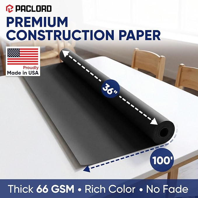 Black Construction Paper Roll 36" x 100 ft – Made in USA – 36" Bulletin Board Paper for Classroom & School, Teachers & Kids