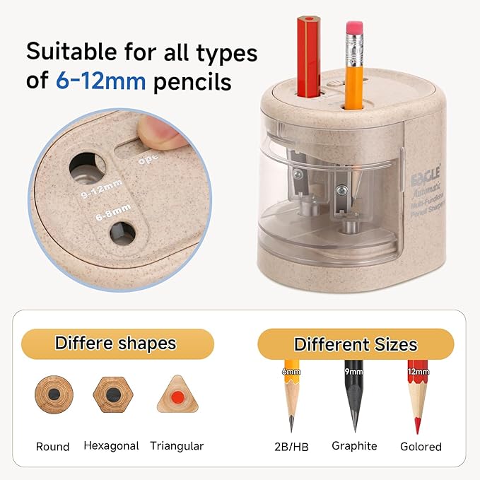 Eagle Electric Pencil Sharpener, Battery or USB Operated, Dual Holes, Dual Blades, fit for Pencils of Size 6-8mm and 9-12mm (Stramineous)