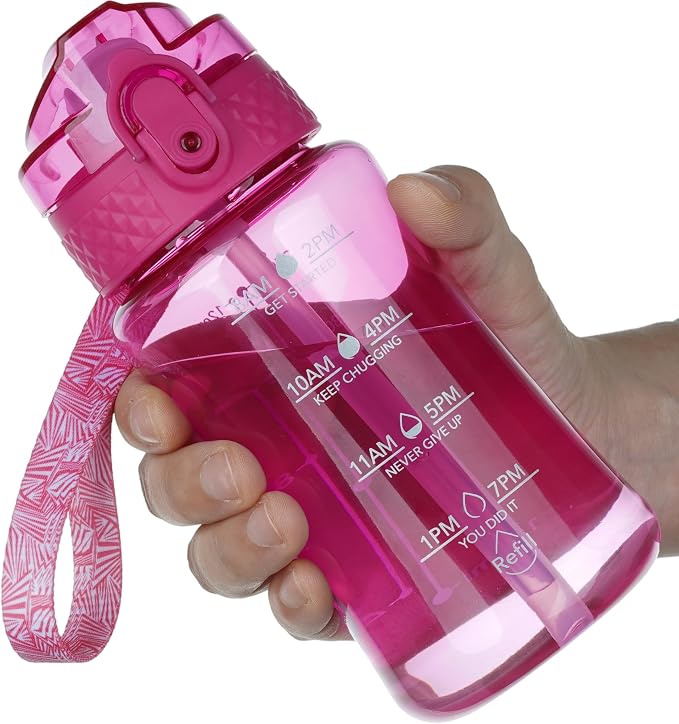 OLDLEY 12oz Kids Water Bottle, Tritan BPA-Free, Leakproof Flip Straw Lid, Motivational Time Marker, Carry Strap, Reusable Clear Water Bottle for Boys & Girls,Eggplant