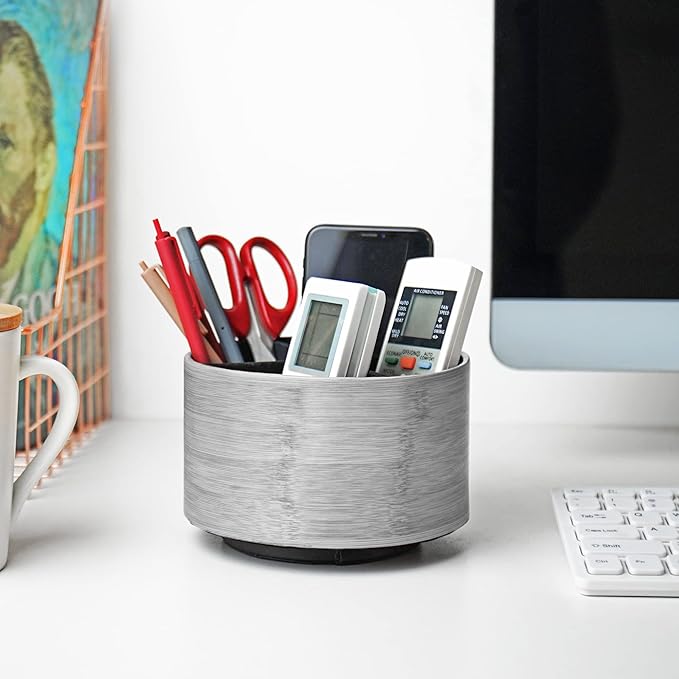 Round Leather Art Supply Organizer,Remote Control Holder,360 Degree Spinning,Multi-Functional Pencil Holder,4 Compartments Desktop Stationary Organizer(1-Light Grey2)