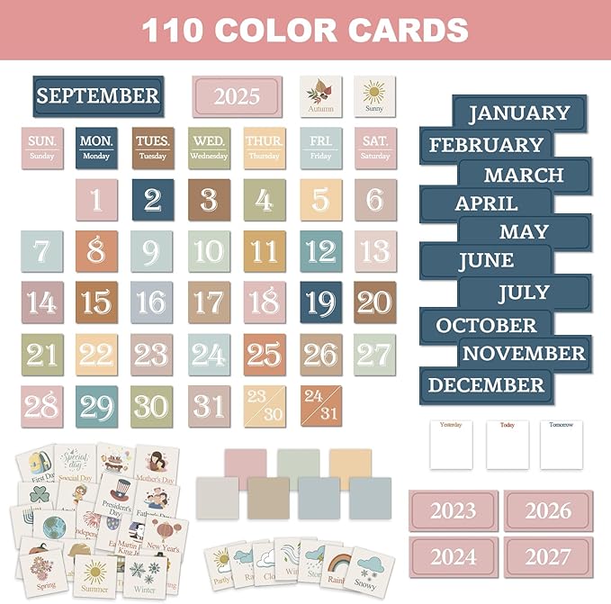 Boho Classroom Calendar Pocket Chart with 110 Cards, Calendar and Weather Pocket Chart for Early Learning, Homeschool and Kindergarten, Large Size 24.5" x 20"