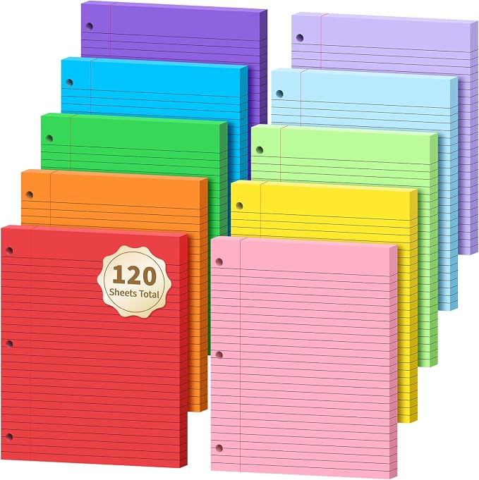 120 Sheets Loose Leaf Binder Paper, 10-Color Wide Ruled Lined Writing Paper