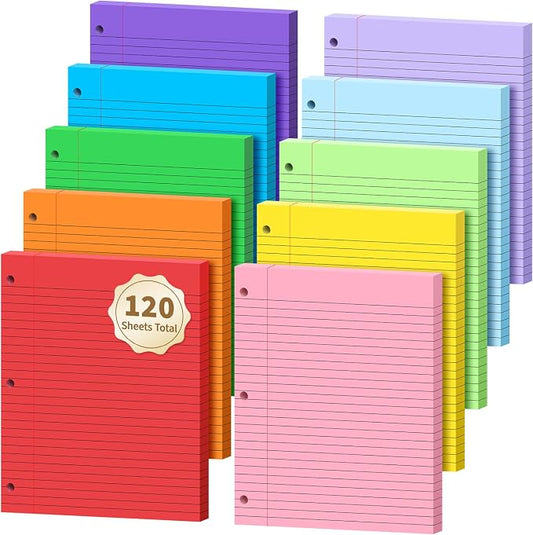120 Sheets Loose Leaf Binder Paper, 10-Color Wide Ruled Lined Writing Paper