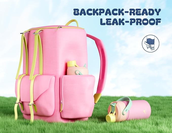 12 oz Kids Steel Water Bottle for School: 2-in-1 Straw Spout Lid, Leakproof, BPA-Free, Cold 24H, Car Cupholder Friendly, Cute Insulated Cup for Travel, Camping, Birthday Gift for Girls (Peachy Cream)