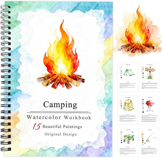SLWBZ Watercolor Workbooks Coloring Book, Beginner Friendly Painting Kit, Detailed Steps, Creative Exploration Watercolor Book with Paint Set for Adults Teens (Camping, Without Paint)