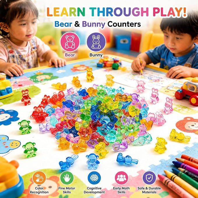 Counting Bears and Bunnies,240 Pieces Counter Toys for Kids - Fun Educational Math Manipulatives with Storage Box for Counting & Learning
