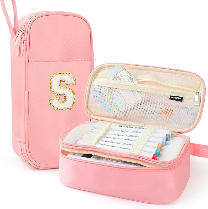 Extra Large Pencil Case,Big Capacity Pencil Pouch,Personalized Initial Pencil Bag with smooth zipper,Multiple Pockets,Cute Aesthetic Stationery Pen Case Bag for Teen Girls College (Pink, S)