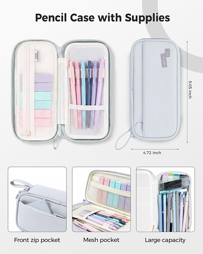 Four Candies 56 PCS Aesthetic School Supplies with Pencil Case (Grey) | 6 Multicolor Pens, 12 Pastel Highlighters, 5 Black Gel Pens, 9 Mechanical Pencils, Student Stationery Set College Essentials