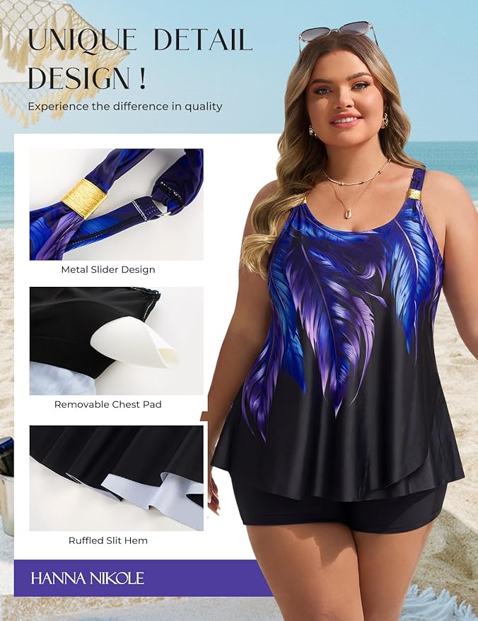 Hanna Nikole Womens Tankini Swimsuits 2 Piece Bathing Suit Flowy Ruffle Tankini Tops with Swim Shorts
