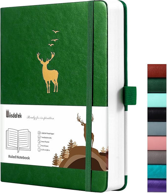 A5 Lined Journal Notebook - 312 Numbered Pages Leather Journals for Writing,3 Pages Index Content,100 GSM Thick Paper,Hardcover, 5.75'' X 8.38'', Dark Green