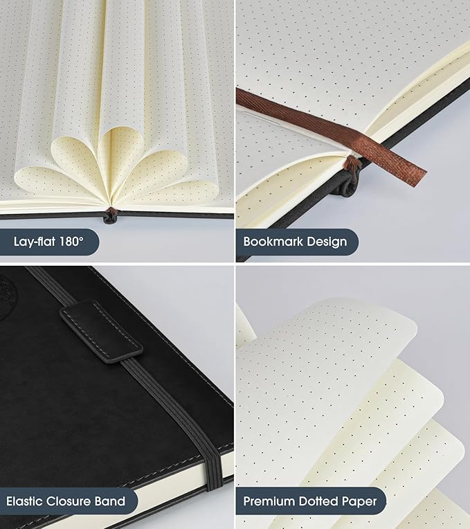 Biuwory Dotted Journal Notebook for Women Men, 140 Pages Hardcover Dot Grid Notebooks for Work, School & Travel, Leather Journals for Writing, Bullet Journaling 5.7"×8.3" (Black)