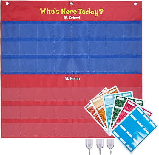 Attendance Pocket Chart for Preschool Classroom Wall Organization, Who is Here Today Pocket Charts for Teachers Clearance, Kindergarten Kids Daycare Teaching Supplies, 72 Cards and 3 Hooks Included