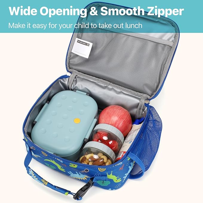 Bagseri Kids Lunch Bag Boys - Thermal Insulated Lunch Box Tote with Water Bottle Holder, Reusable Leak-Proof Kids Lunch Box for Daycare & School, Blue Cute Dinosaur (Containers Not Included)