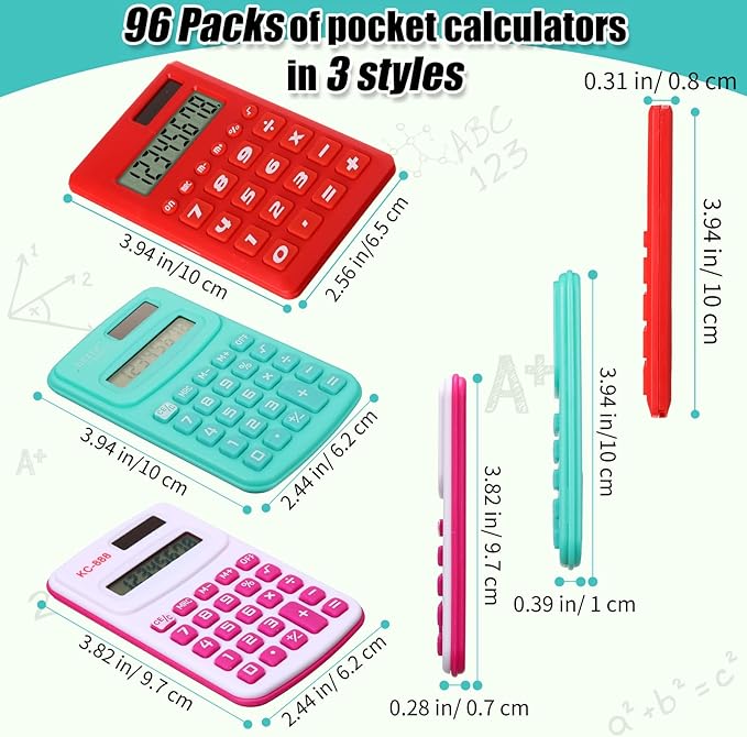 Yunsailing 96 Pcs Pocket Calculators Bulk Mini 8 Digit Handheld Calculator Small Basic Standard Calculator for Students Kids Teachers School Desktop Home Office, 3 Designs (Classic)