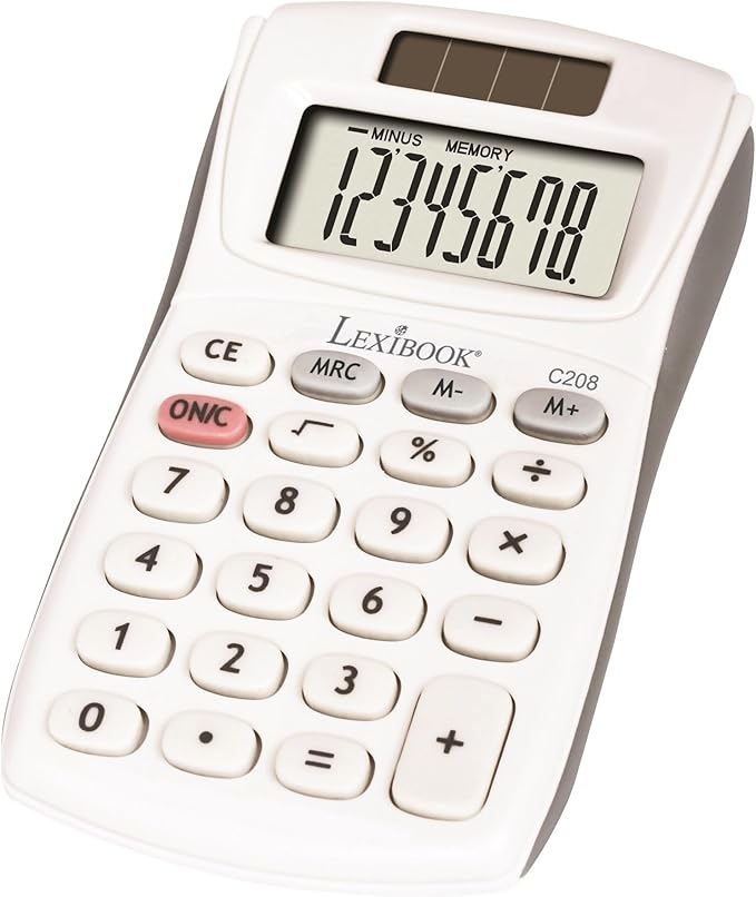 Lexibook - 8 Digit Pocket Calculator - Basic and Memory Function - Soft Silicone Keys for Office, School, Home - Solar & Batteries - White/Gray - C208