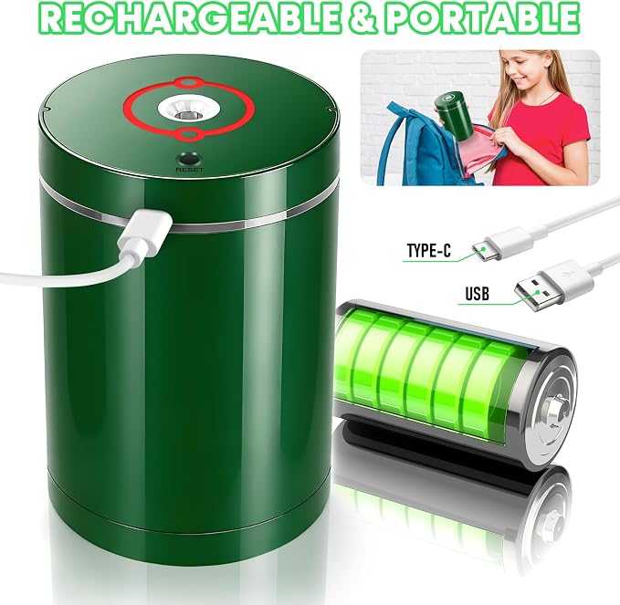 Fully Automatic Electric Pencil Sharpener,Rechargeable smart Pencil Sharpener.Suitable for No. 2/Colored Pencils (6-8 mm),Applicable to School/Classroom/Office/Home（Green）