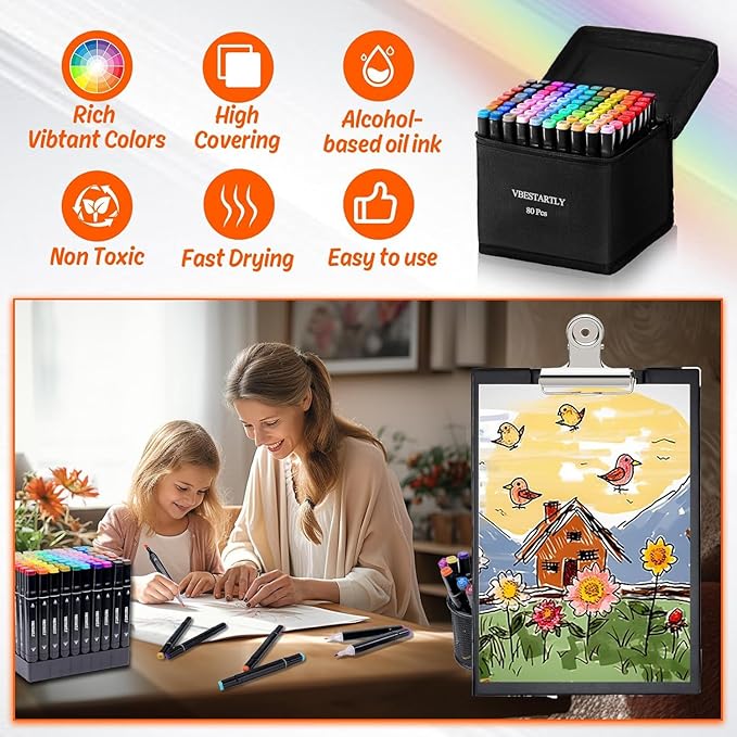 VBESTARTLY 262 Colors Alcohol Markers with Base, Permanent Dual Tip Art Markers for Adults Anime Coloring Sketch Illustrations Pefect for Gift- Refillable
