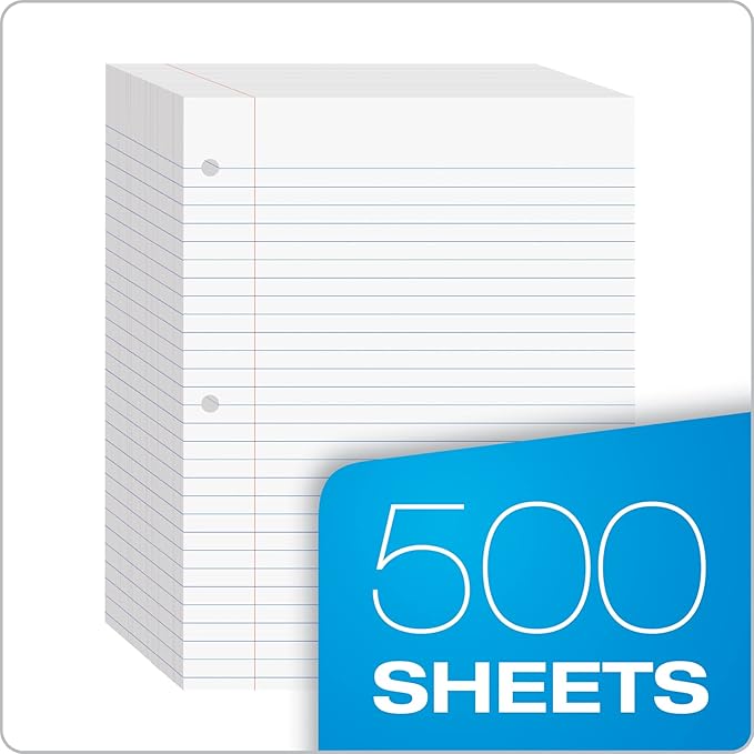 Oxford Filler-Paper, 8 x 10-1/2 Inch Wide Ruled Paper, 3 Hole Punch, Loose Leaf Notebook Paper for 3 Ring Binders, (62330), white (Pack of 2500)