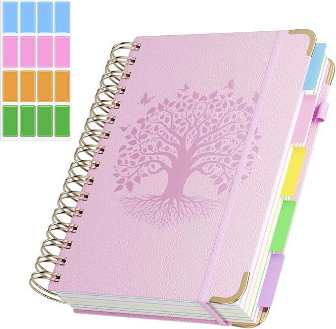 QIYVLOS Hardcover Spiral Notebook, A5 Journal with Removable Dividers Tabs, 5 Subject Notebook College Ruled, 320 Pages 6"x8" Leather Notebooks for Work School Study, Lined Journal for Women, Pink