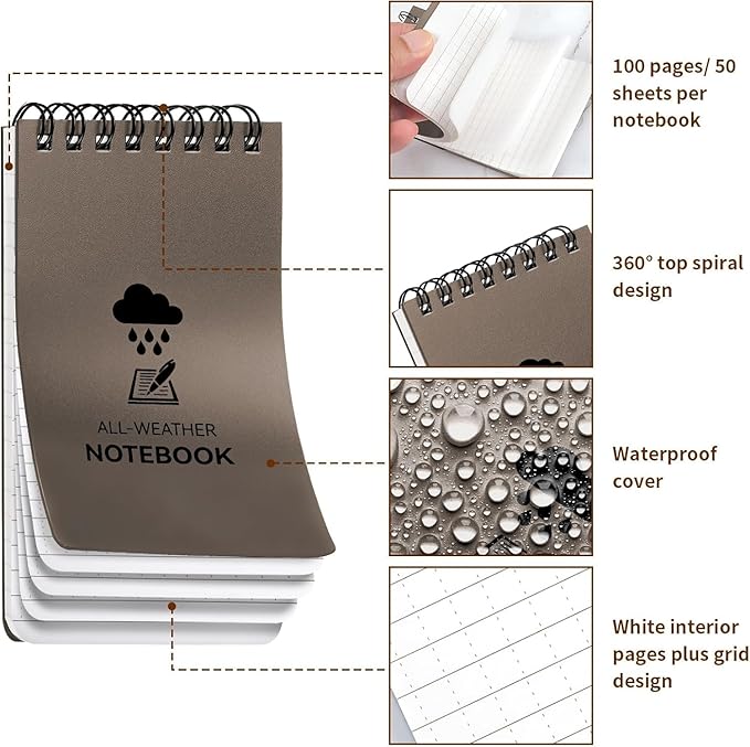 COIDEA Waterproof Notebook, 4 Pack Top-Spiral Pocket Notepad, 3" x 5" Weatherproof NotePad, All Weather Police Pocket Notebook Little Memo Steno Note Pads for Outdoor Office School Recording, Brown